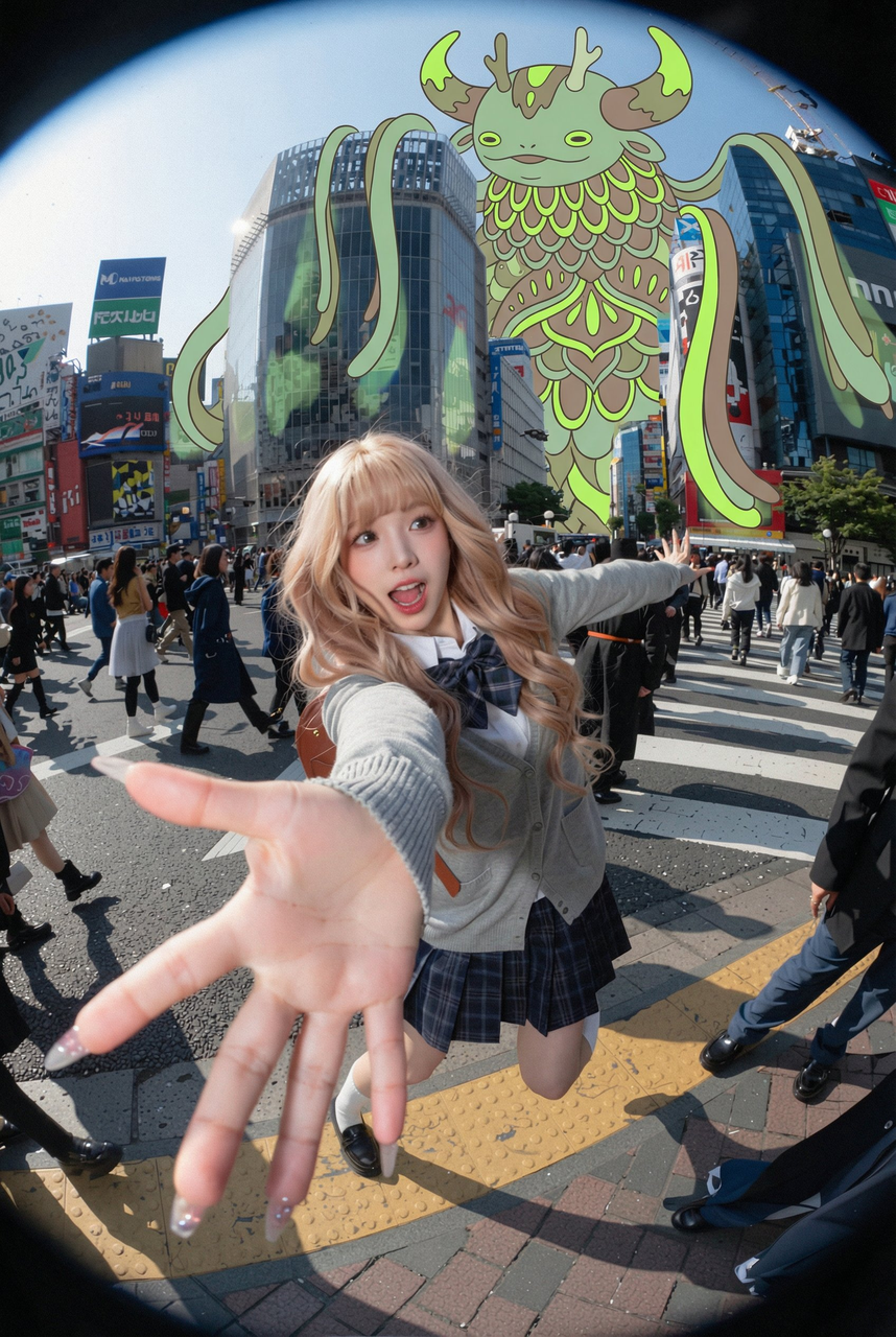 Whimsical Neon Creature Over Cityscape