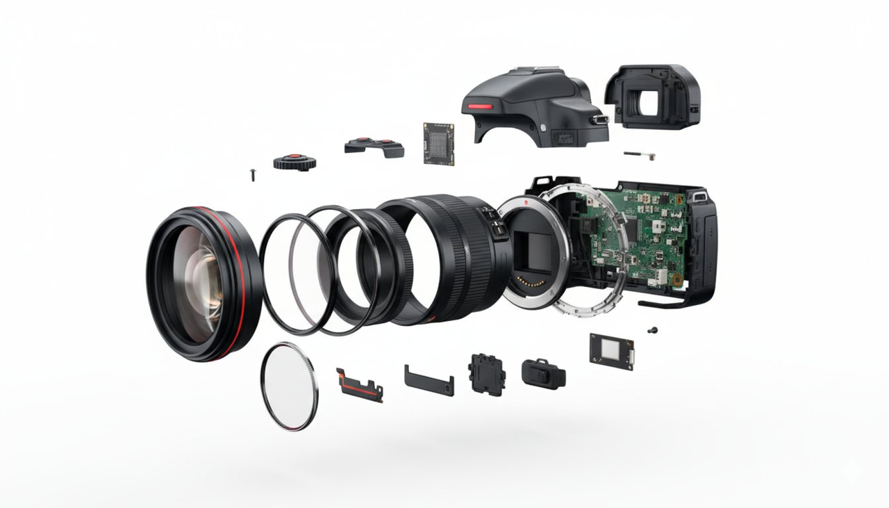Exploded View of a DSLR with Red Accents